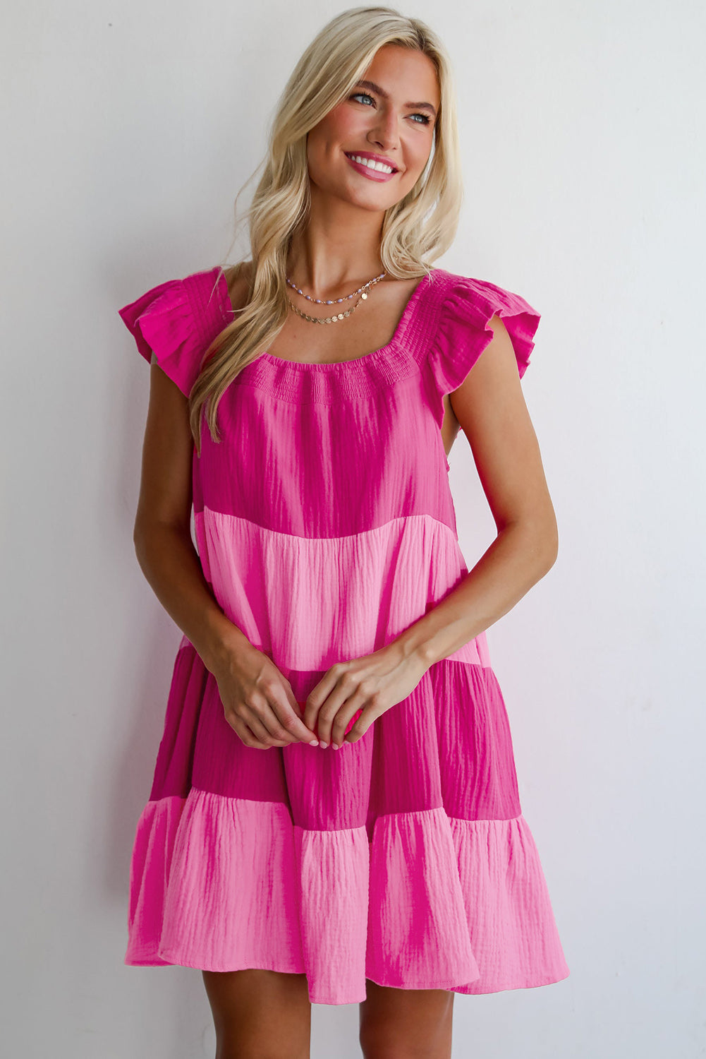 Pink Crinkled Colorblock Patchwork Flutter Tiered Mini Dress