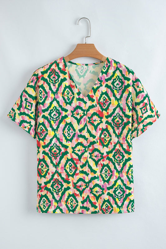 Green Abstract Print V Neck Short Sleeve Blouse