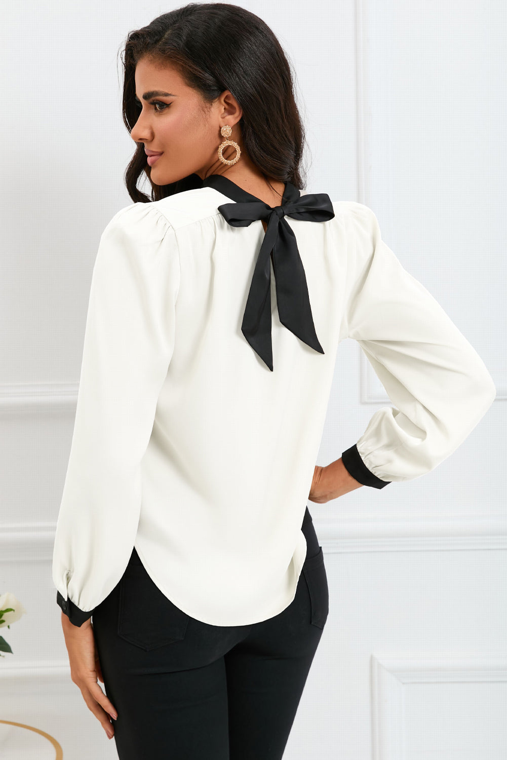 White Color Block Bow Back Mock Neck Blouse