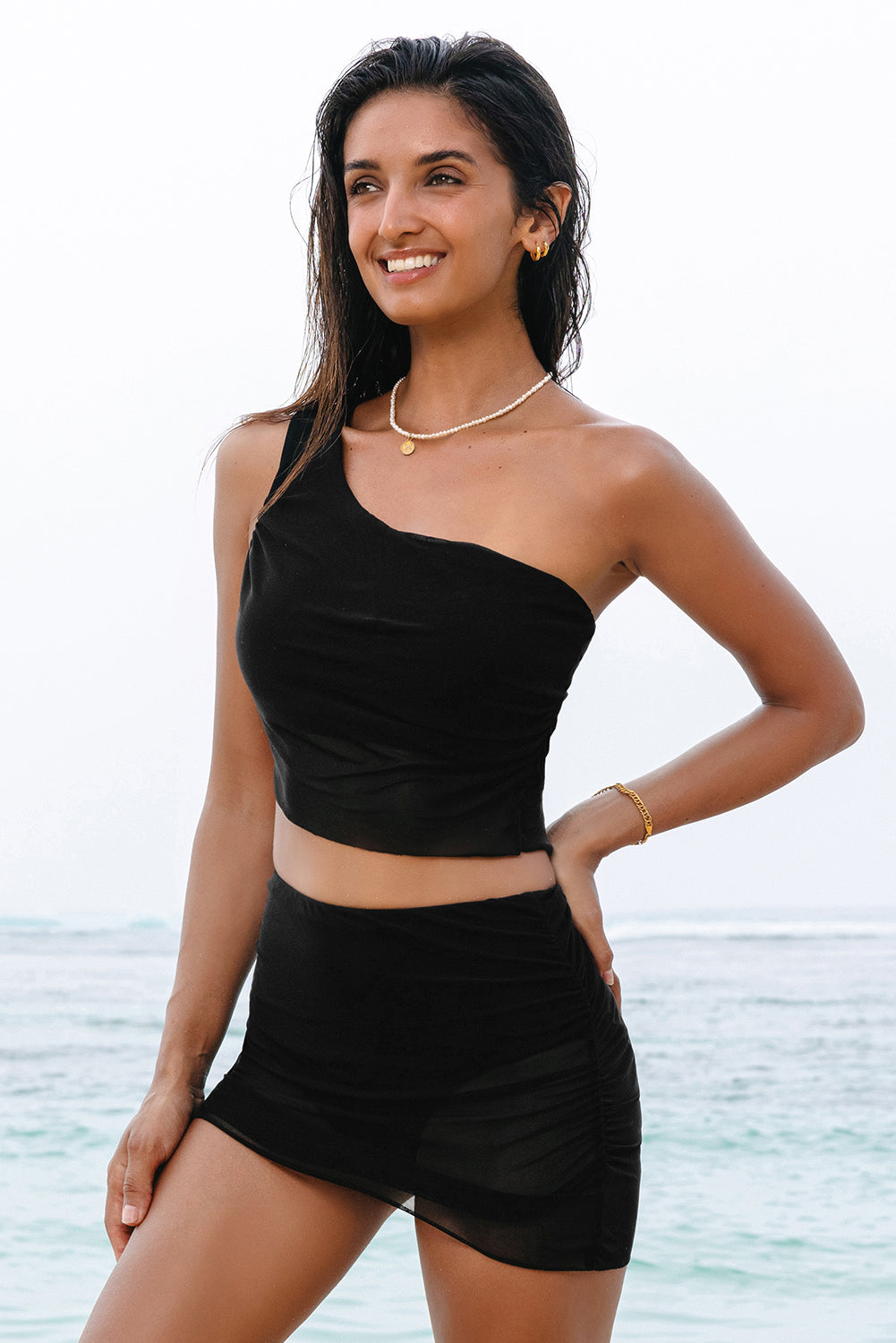 Black Pleated Mesh One Shoulder Bikini Top and Skirts Set