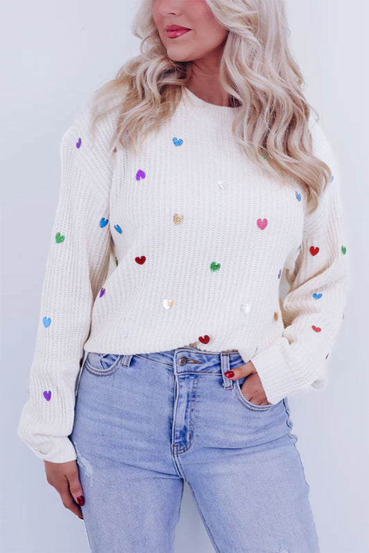 Beige Sequin Heart Shape Waffle Knit Round Neck Sweater