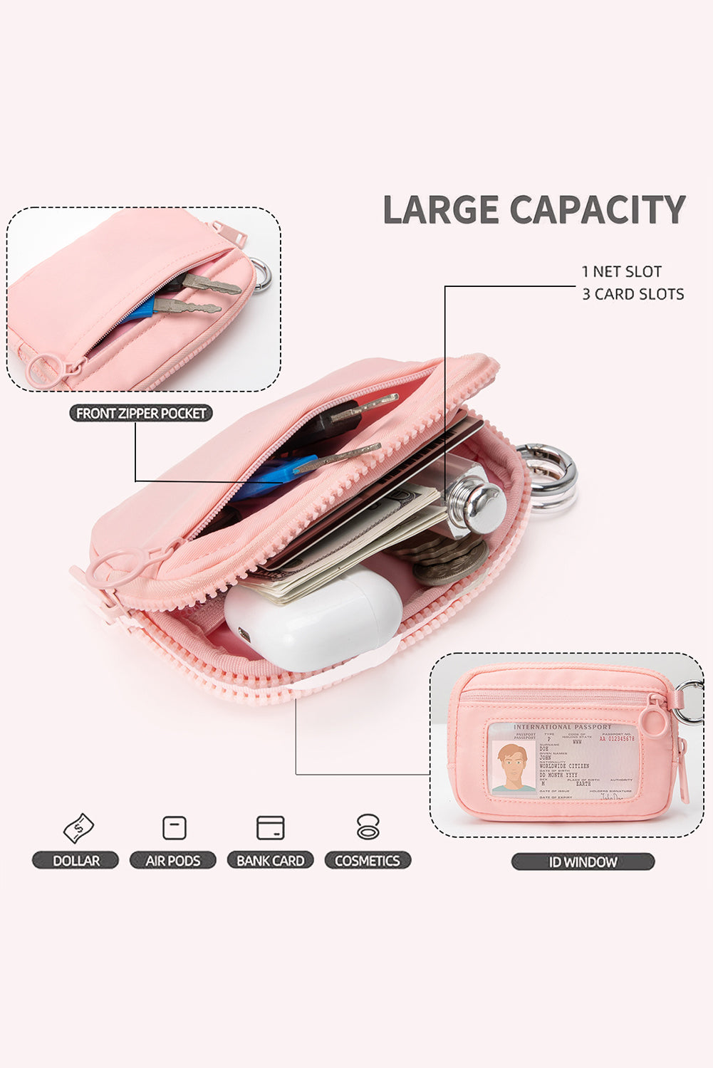 Pink Transparent ID Window Coin Storage Wrist Bag