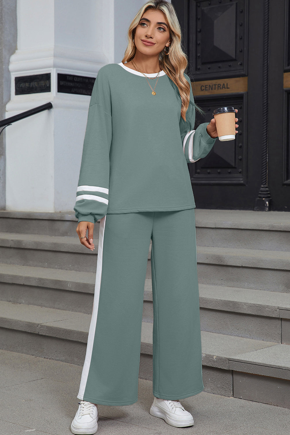 Blue Varsity Stripe Patchwork Puff Sleeve Pullover Drawstring Wide Leg Pant Set
