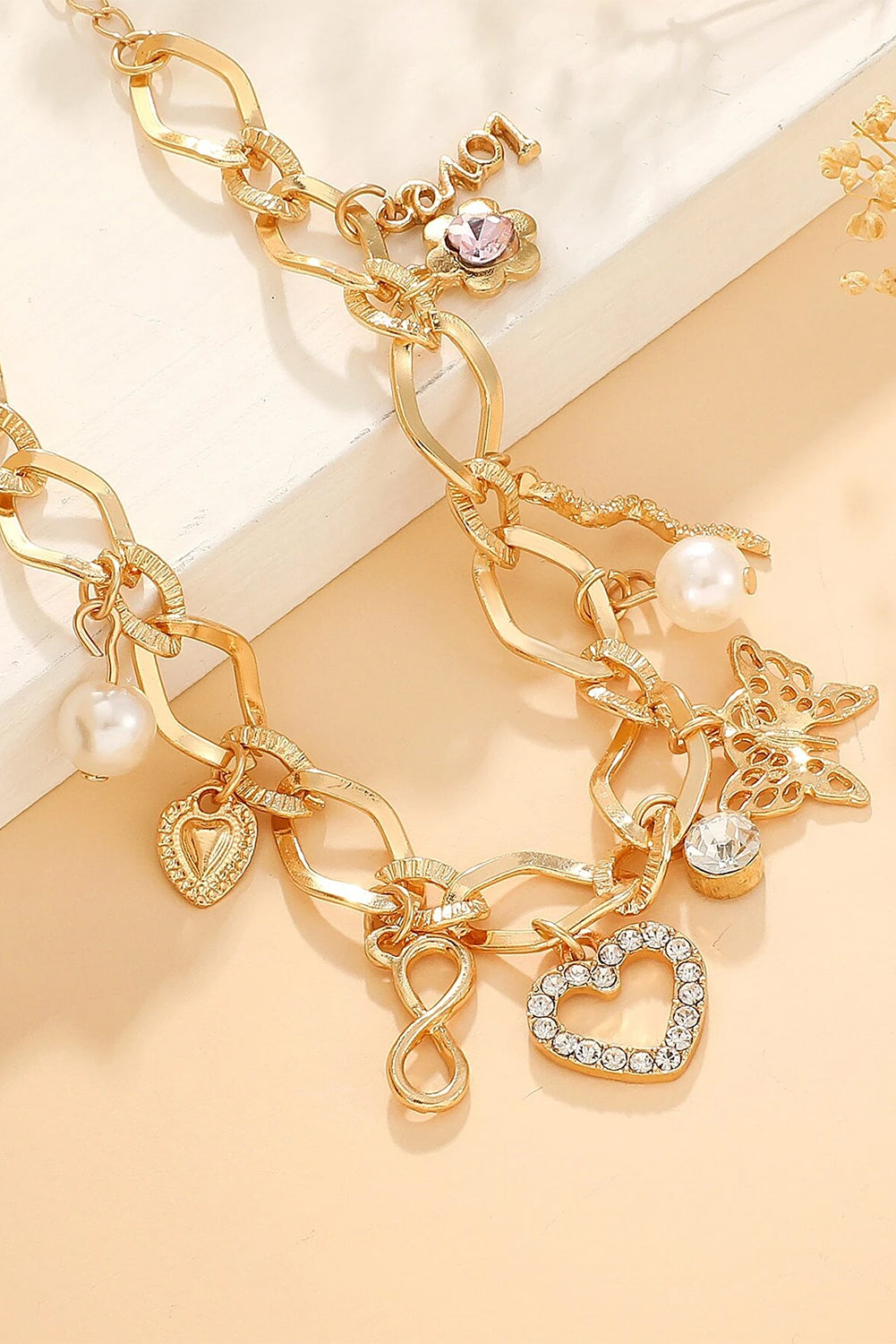 Gold Heart Butterfly Pearl Charm Plated Alloy Bracelet