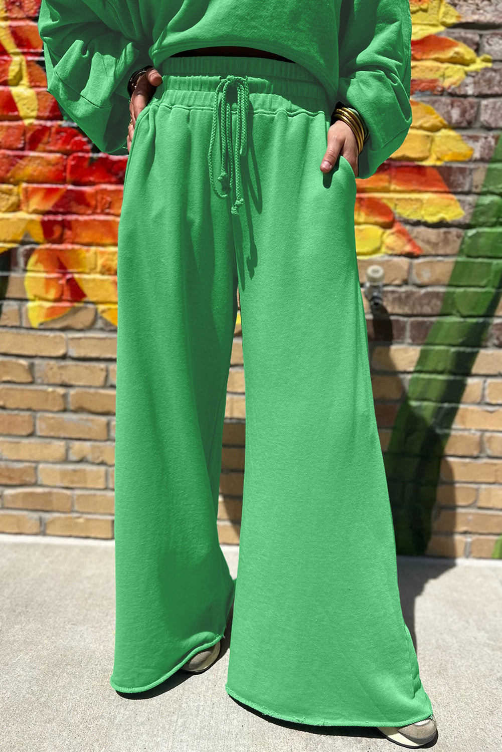 Bright Green Drop Shoulder Puff Sleeve Crop Pullover Drawstring Wide Leg Pants Set