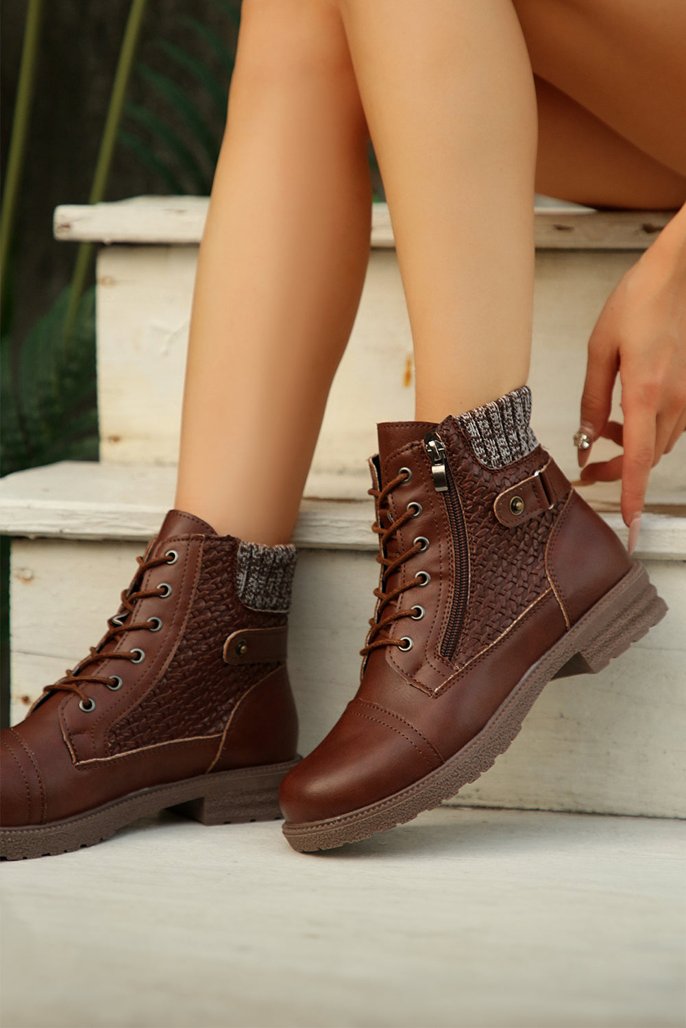Coffee Faux Leather Mix Texture Patchwork Side Zip Lace-up Boots
