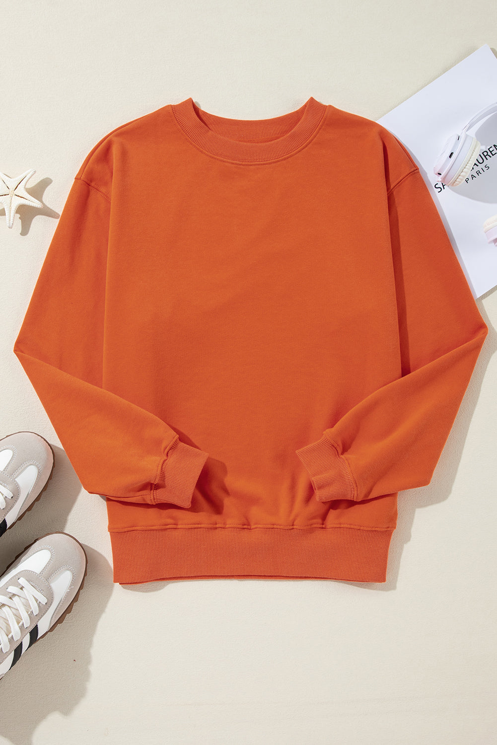 Orange Plain Drop Shoulder Crewneck Pullover Sweatshirt