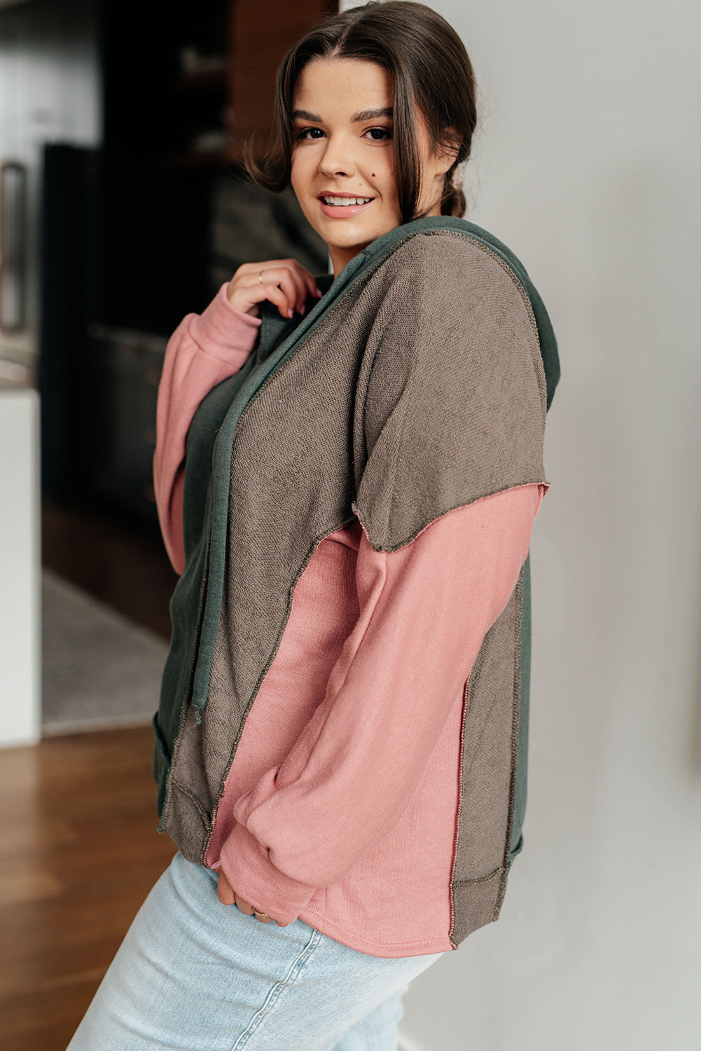 Breen Plus Size Colorblock Patchwork V Neck Hoodie