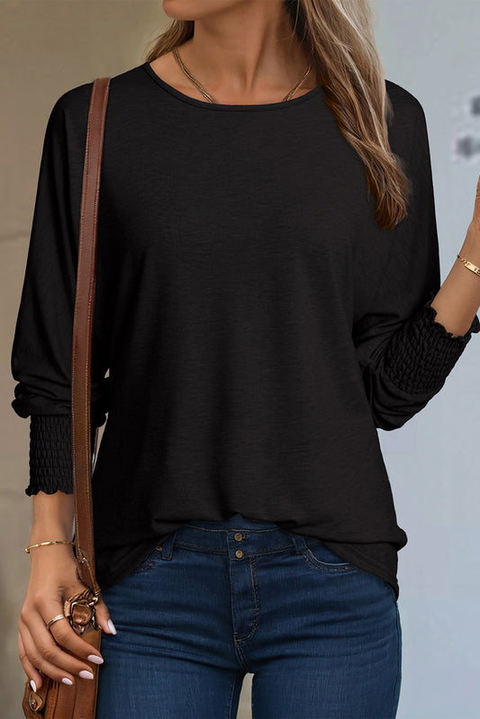 Black Shirred Cuffs Solid Long Sleeve T Shirt