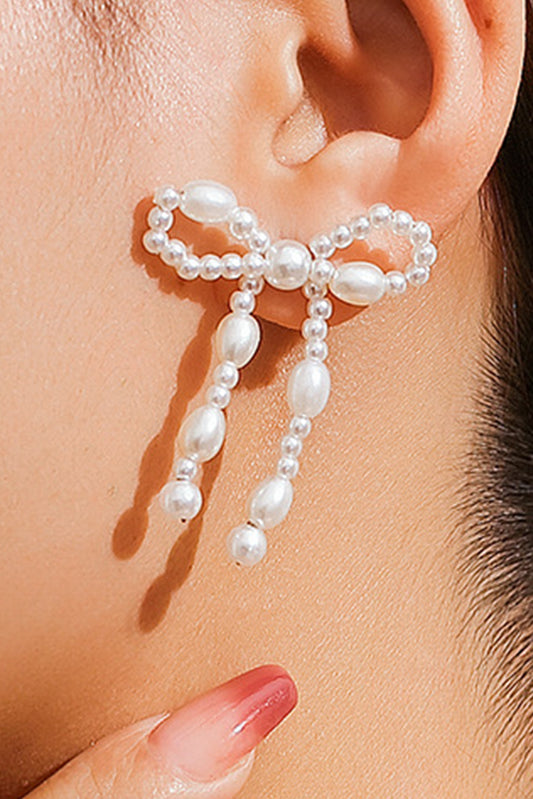 White Pearl Beaded Bowknot Studded Earrings