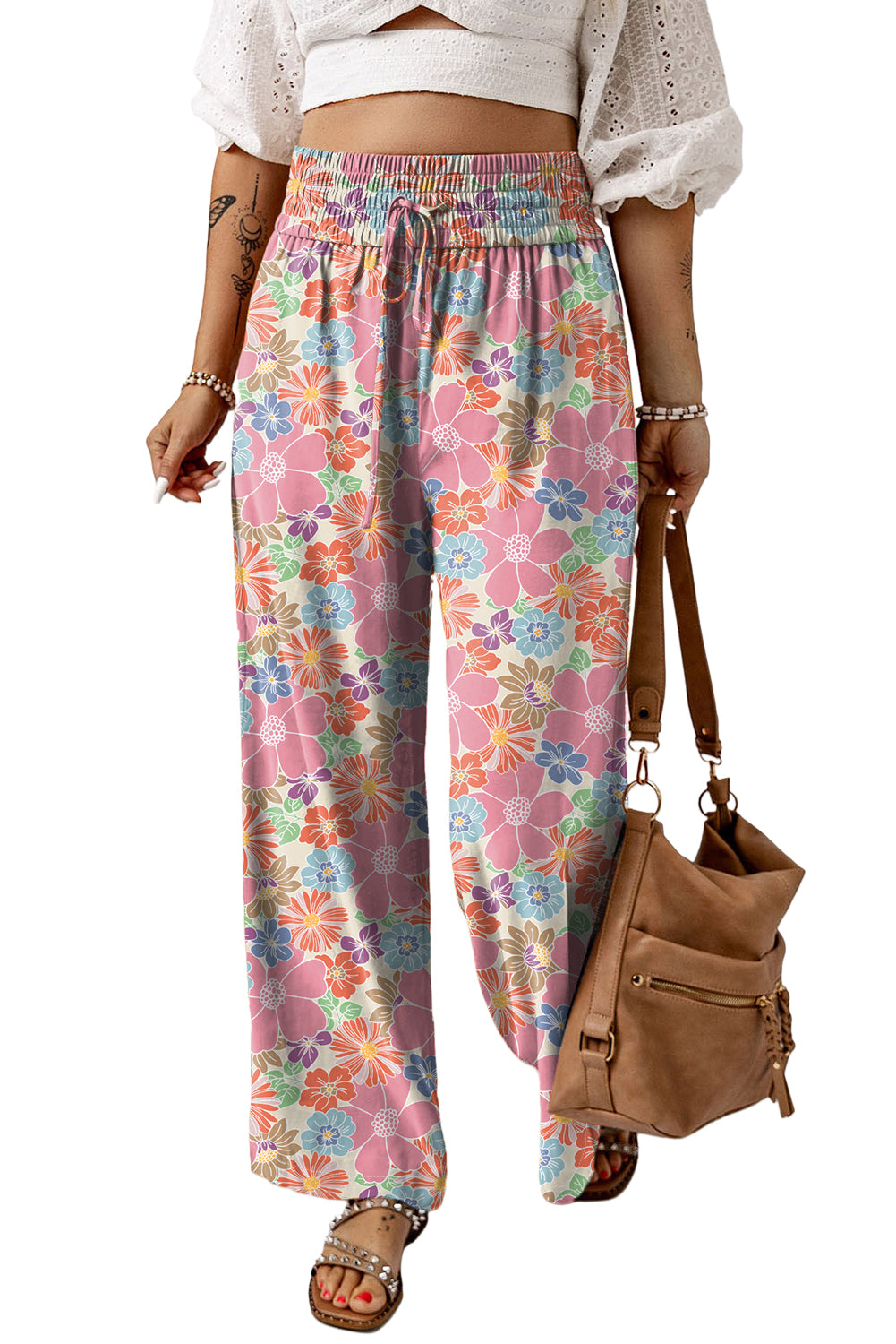 Pink Floral Smocked Waist Loose Pants