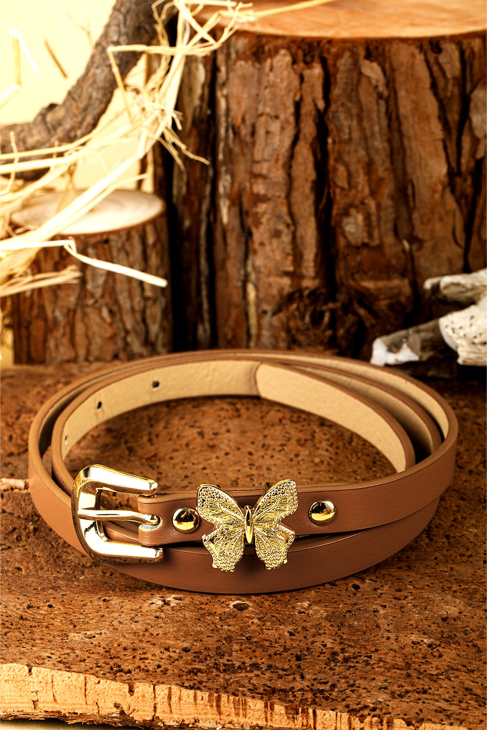 Thai Curry Butterfly Decor Buckle PU Leather Thin Waist Belt
