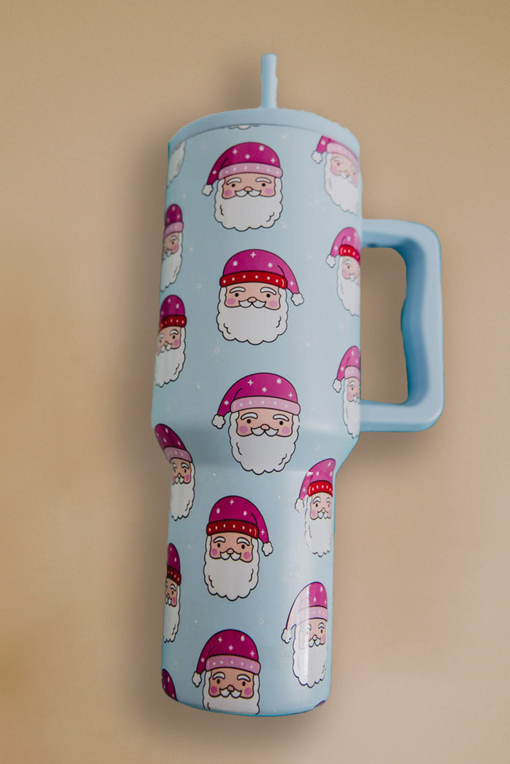 Light Blue Christmas Santa Claus Print Handle Large Tumbler