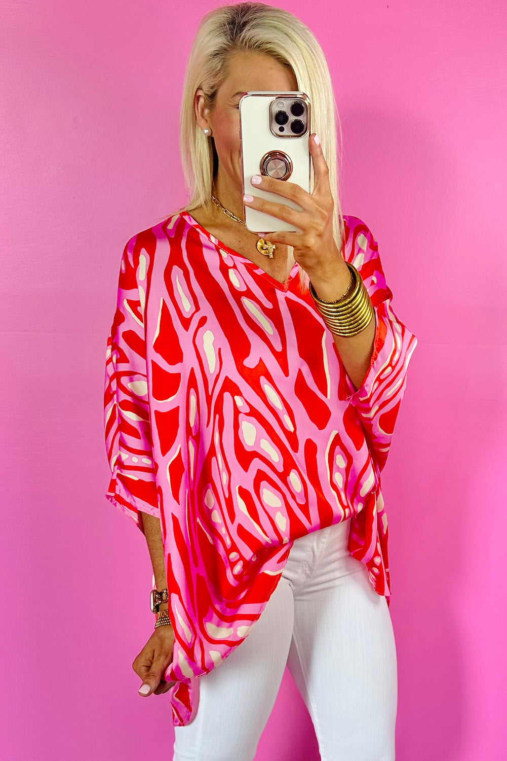 Red Abstract Print V Neck Batwing Sleeve Oversized Blouse