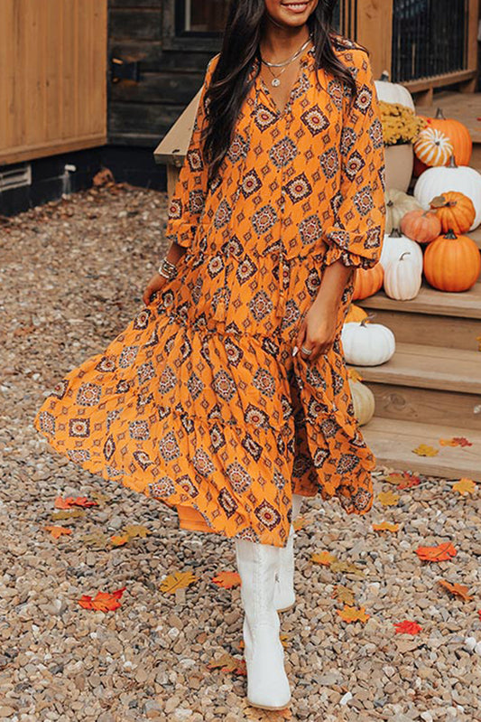 Orange Western Geometric Print Tiered Frilled Loose Fit Midi Dress