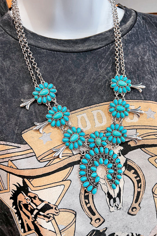 Light Blue Western Turquoise Decor Double Chain Necklace