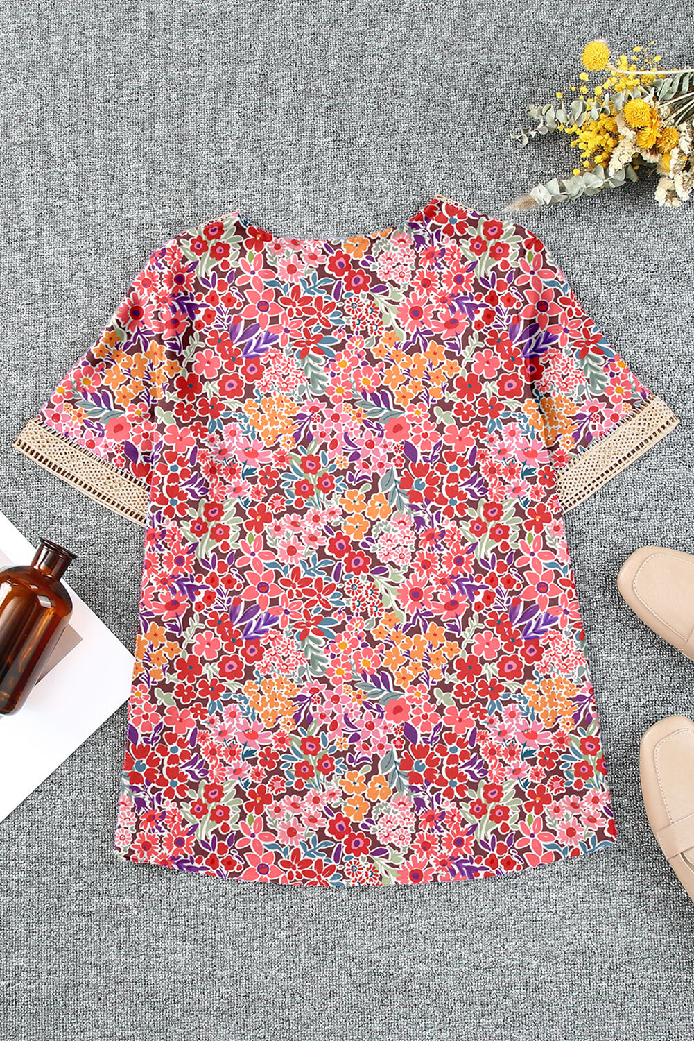 Multicolor Lace Trim V Neck Short Sleeve Blouse