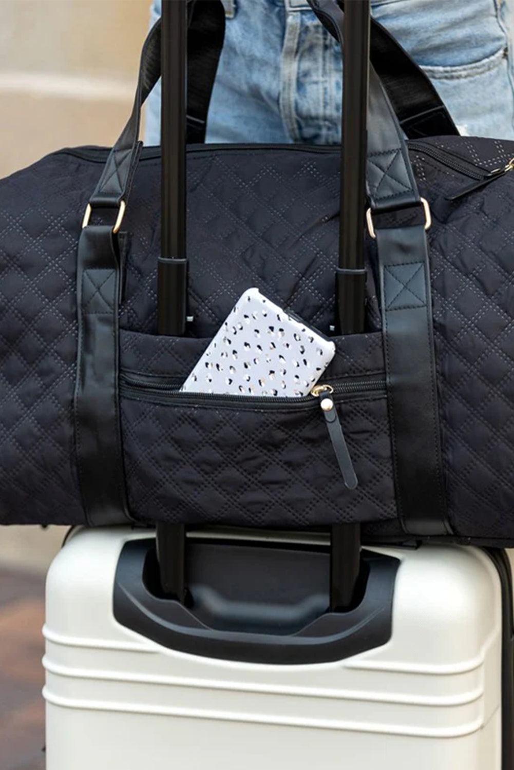 Black Rhombus Textured Waterproof Travel Duffel Bag