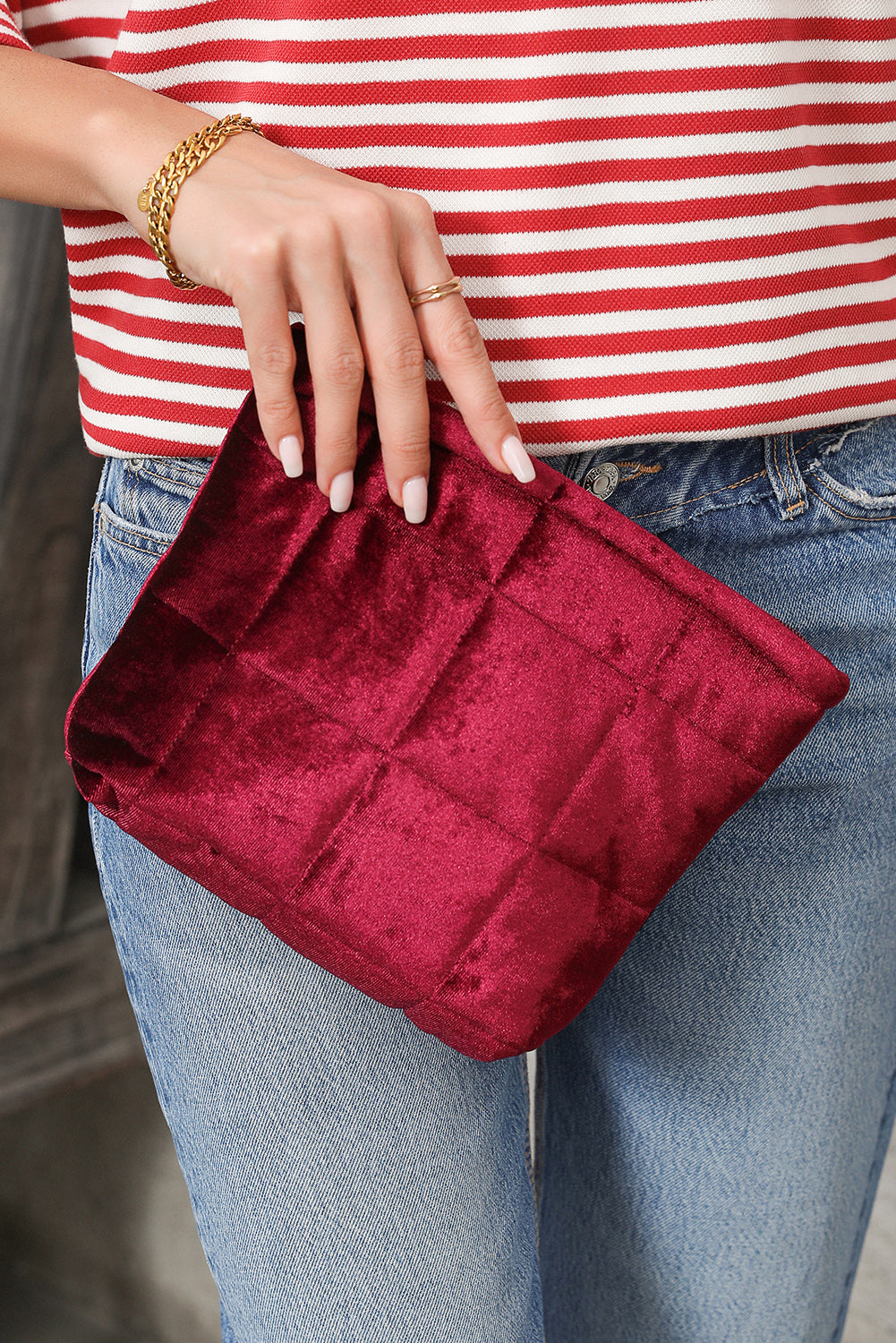 Burgundy Quilted Velour Zipper Cosmetic Organize Pouch