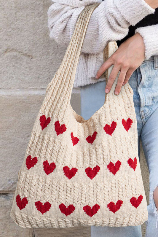 Apricot Heart Pattern Knit Large Shoulder Bag