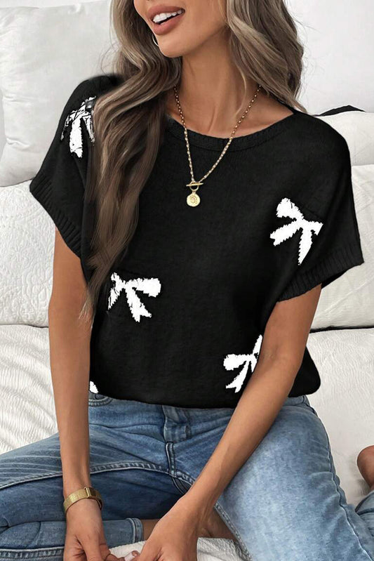 Black Bow Pattern Knit Short Sleeve Sweater