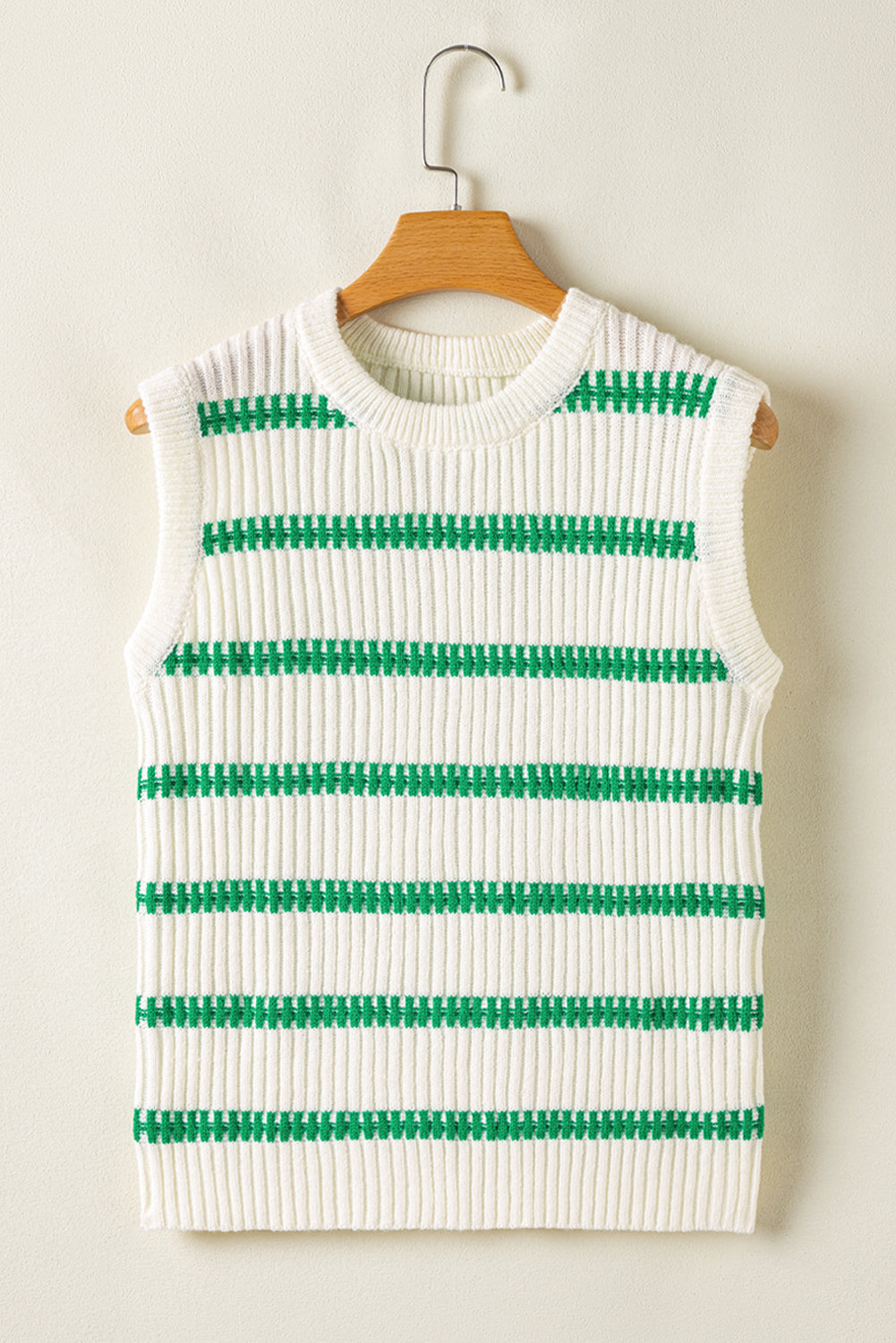 Bright Green Striped Round Neck Casual Sweater Vest