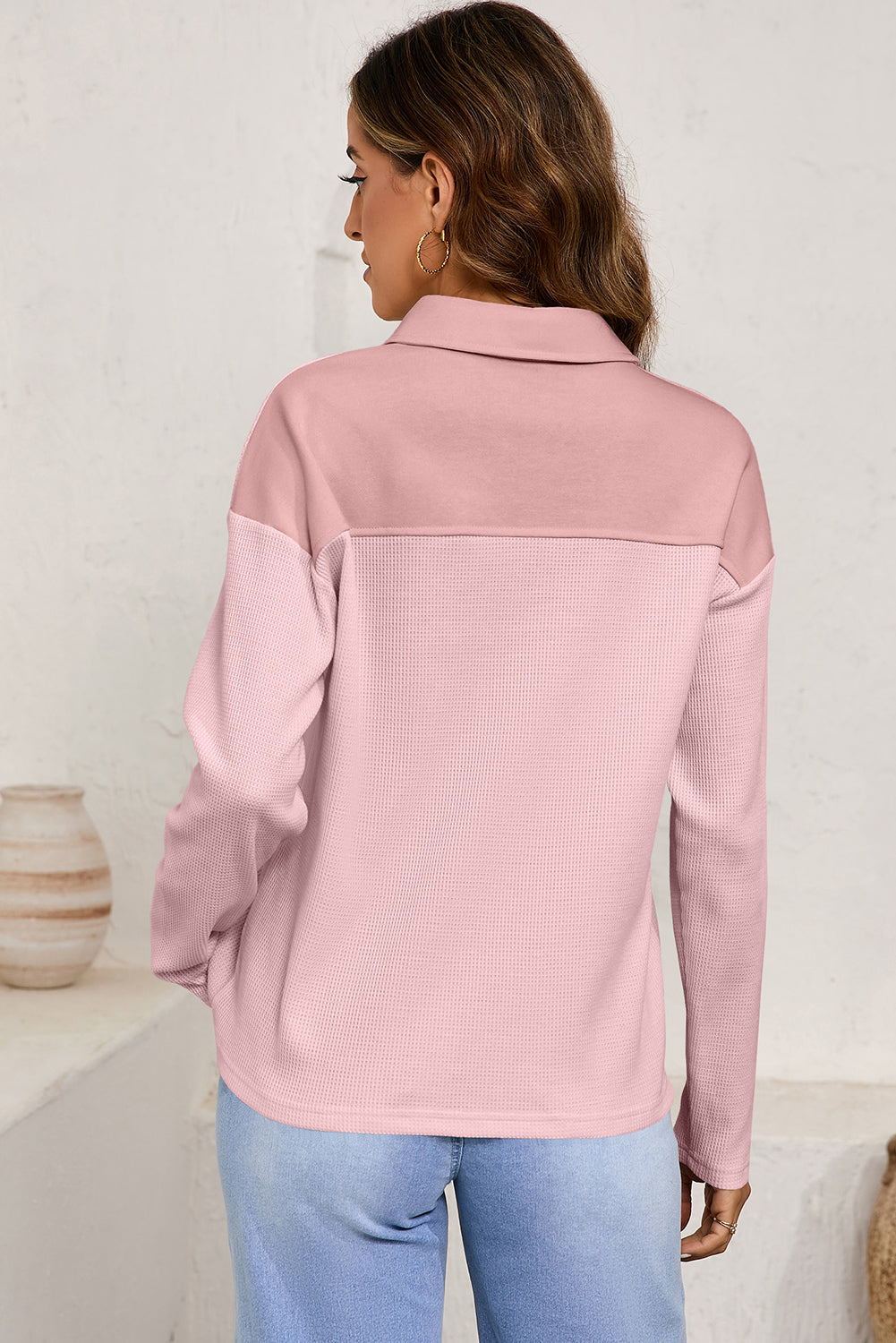 Light Pink Solid Color Long Sleeve Thermal Knit Polo Collar Patchwork Top