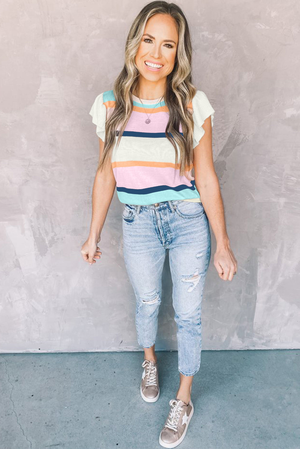 Multicolour Striped Color Block Flutter Sleeve Patchwork Sweater Top