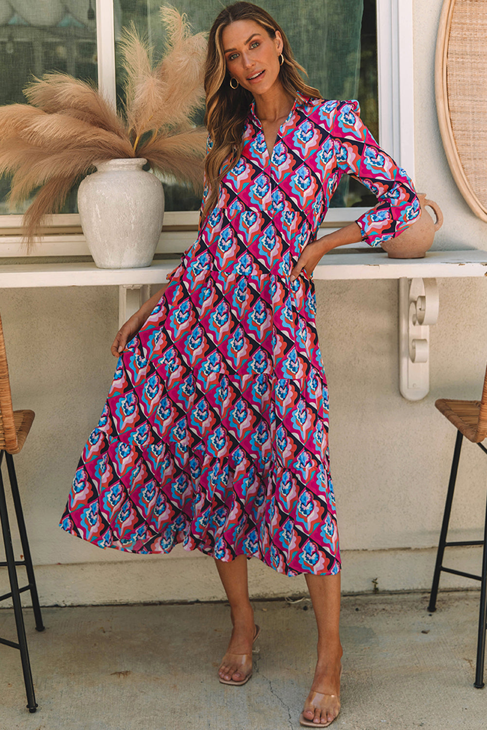 Abstract Geometric Print Long Sleeve High Waist Dress