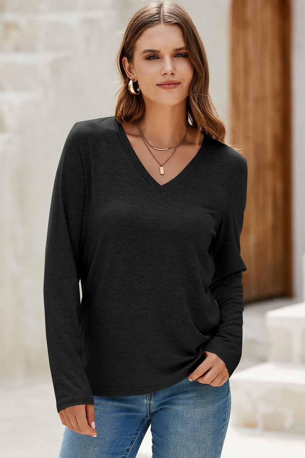 Black Solid Color V Neck Long Sleeve Stretchy Top