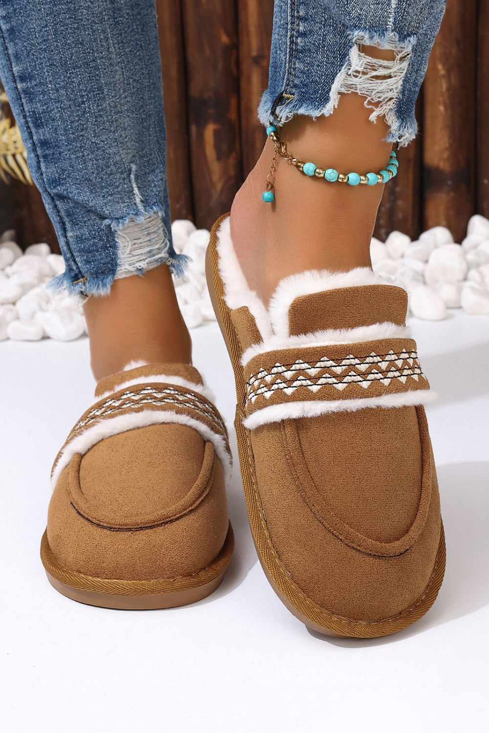 Chestnut Suede Wavy Striped Plush Lined Slippers