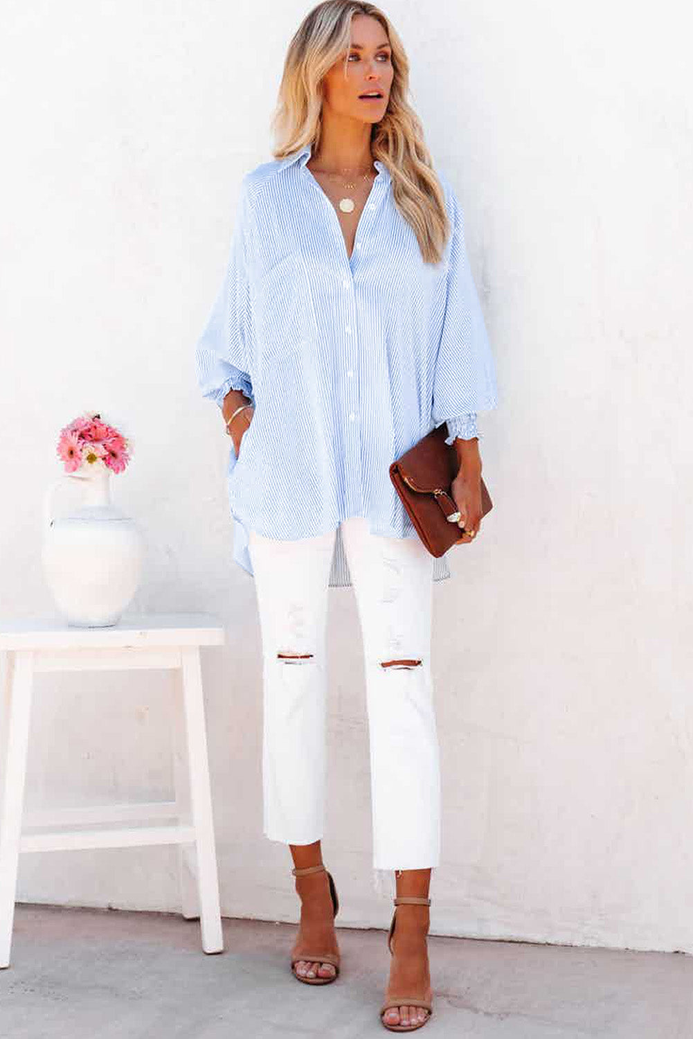 Sky Blue Smocked Cuffed Striped Boyfriend Shirt with Pocket