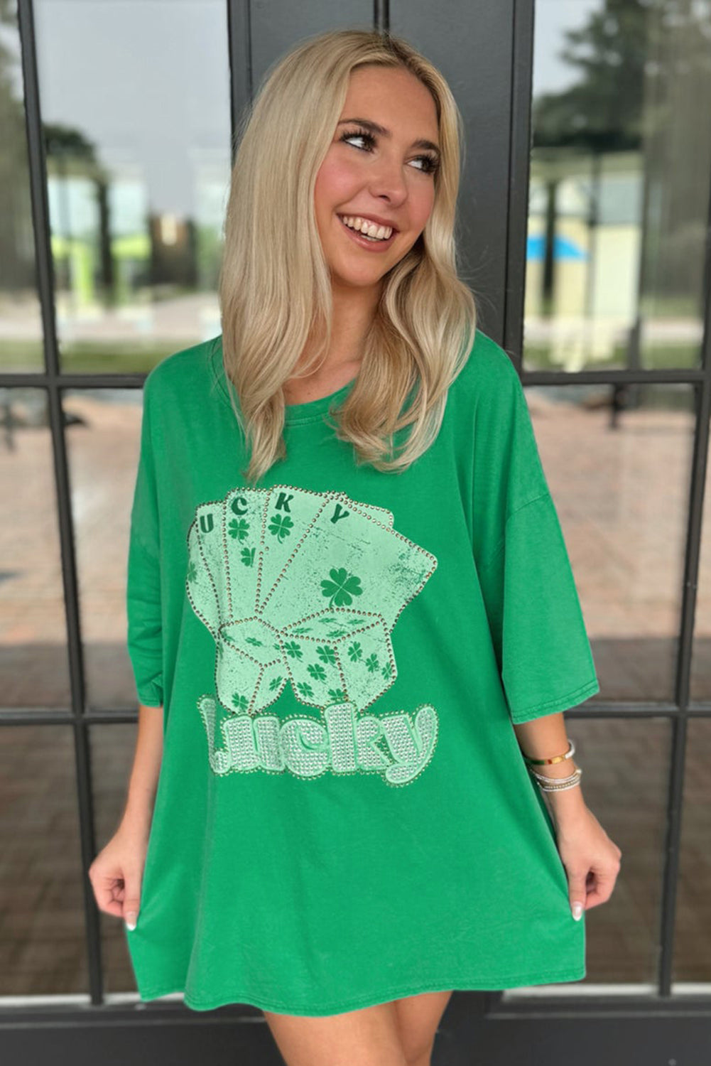 Bright Green Rhinestone Lucky Poker Cards Oversized T Shirt Mini Dress