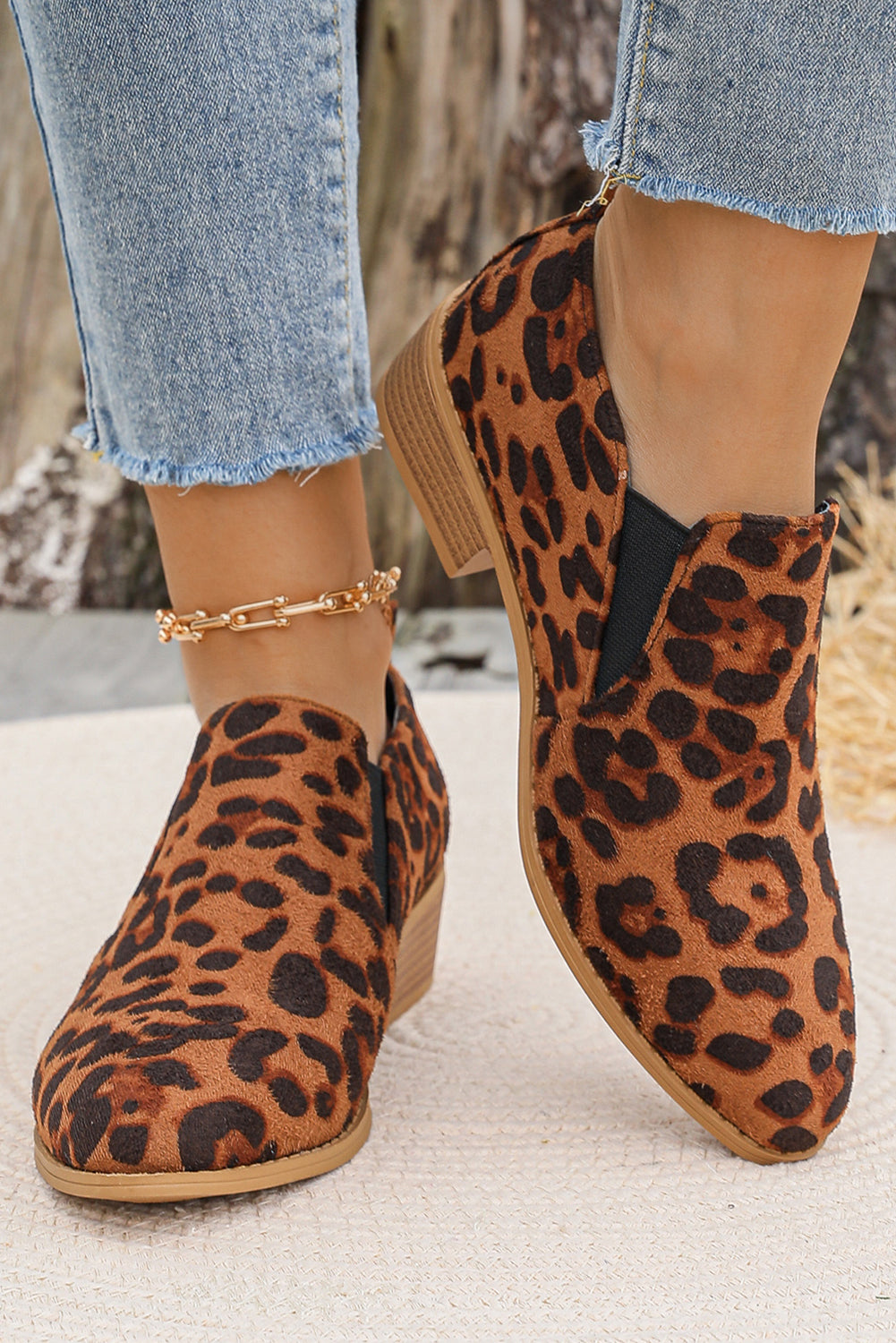 Chestnut Leopard Block Heel Round Toe Ankle Boots