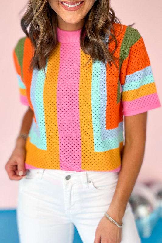 Orange Color Block Eyelet Casual Sweater T Shirt