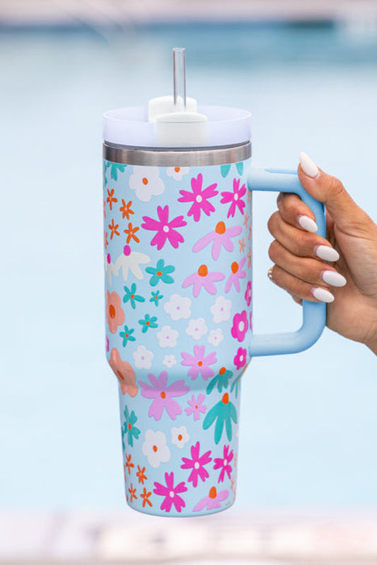 Beau Blue Cute Flower Pattern Handled Cup with Straw 40oz
