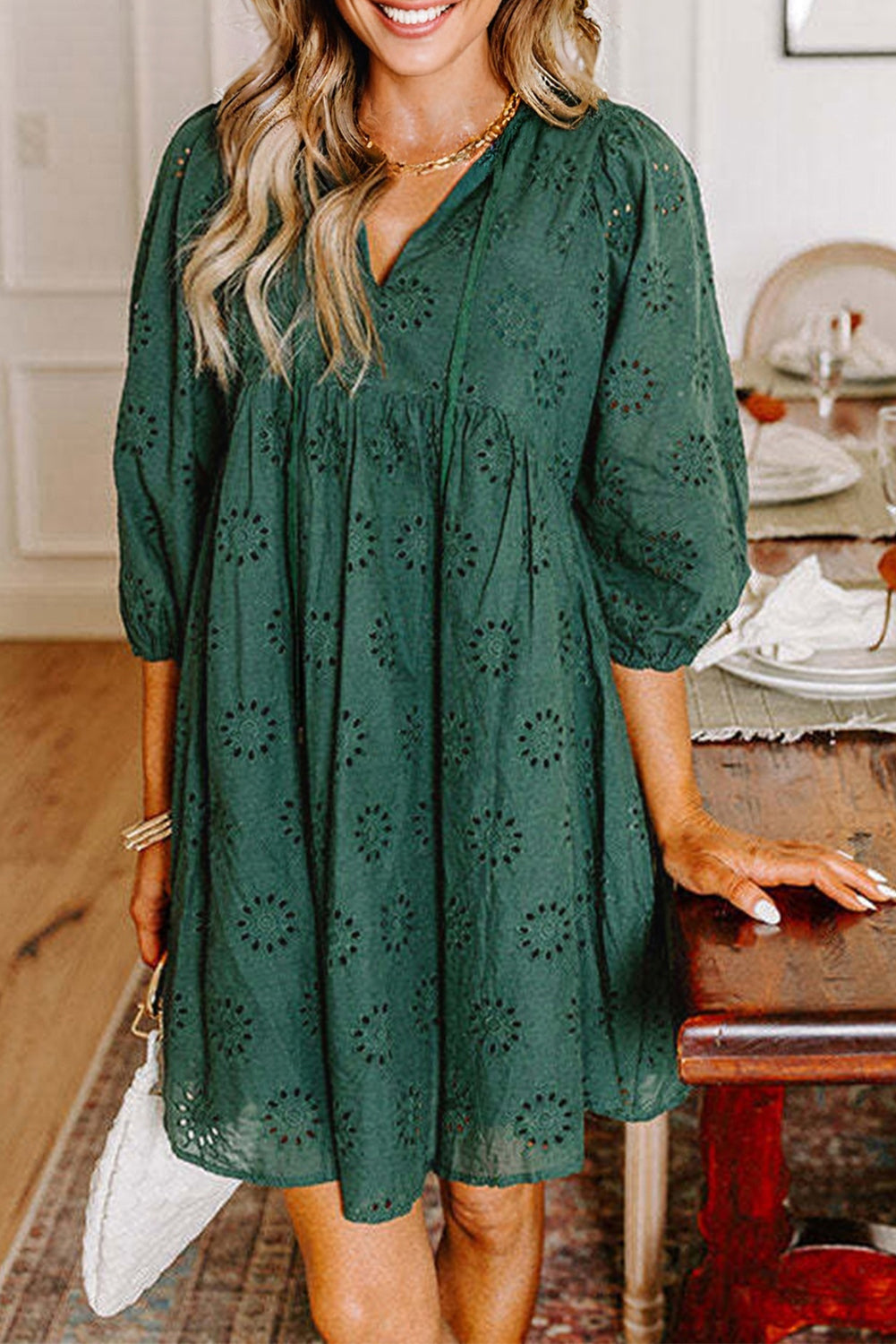 Blackish Green Embroidered Eyelet Pattern 3/4 Puffy Sleeve Swing Mini Dress