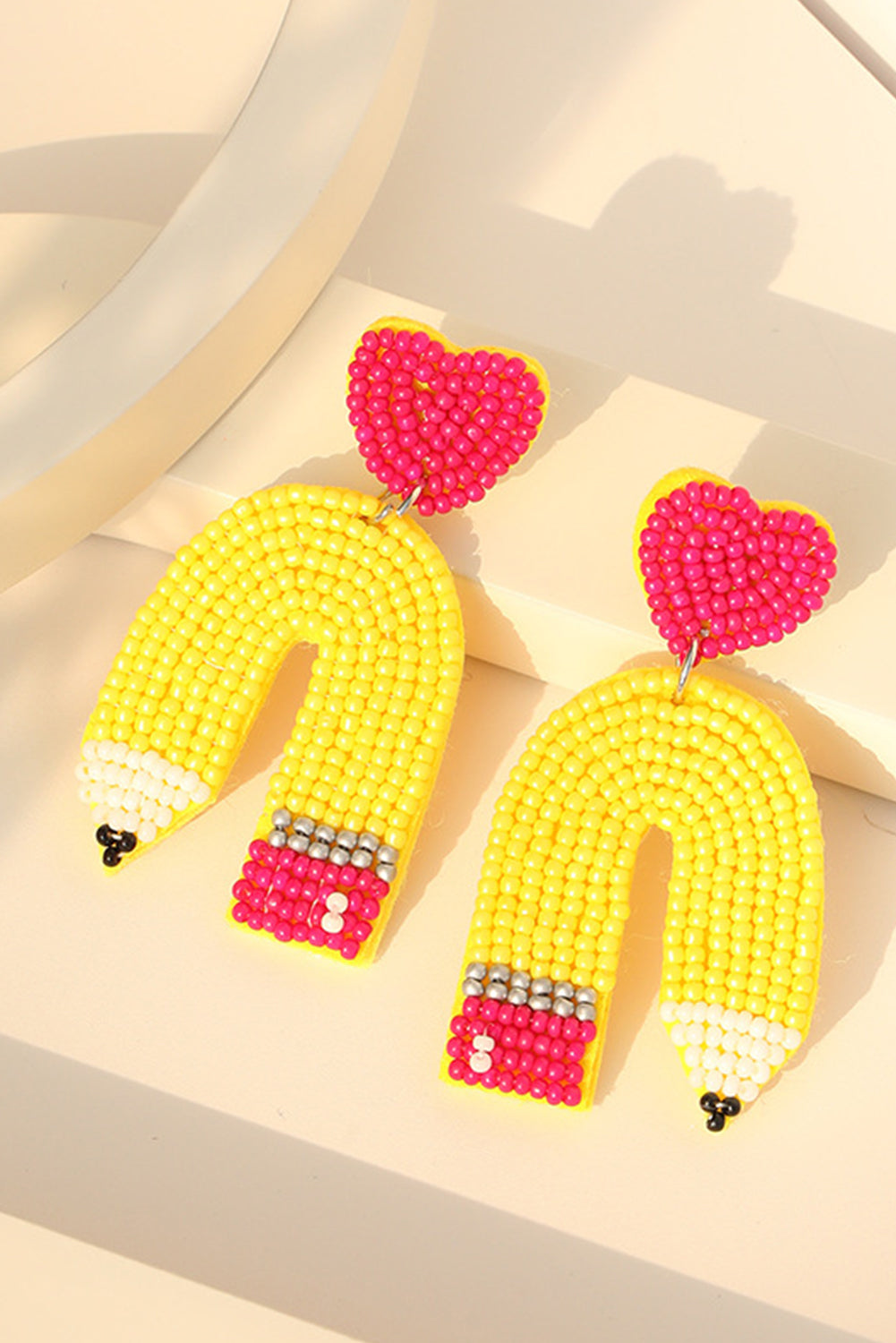 Yellow Heart Shape Pencil Rice Bead Drop Earrings