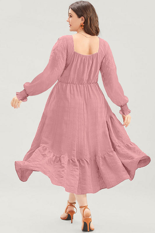 Pink Lace-up Ruched Front Long Sleeve Ruffle Hem Plus Size Midi Dress