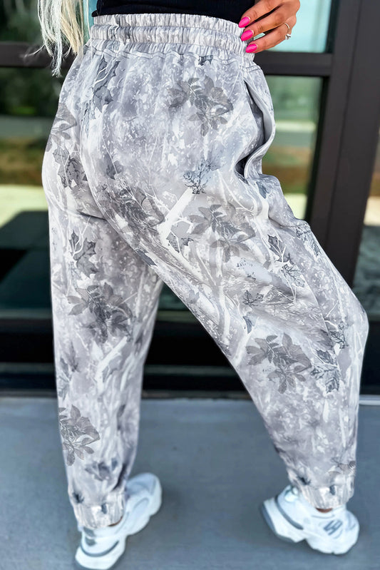 Gray Camo Print Cozy Drawstring Elastic Waist Jogger Pants