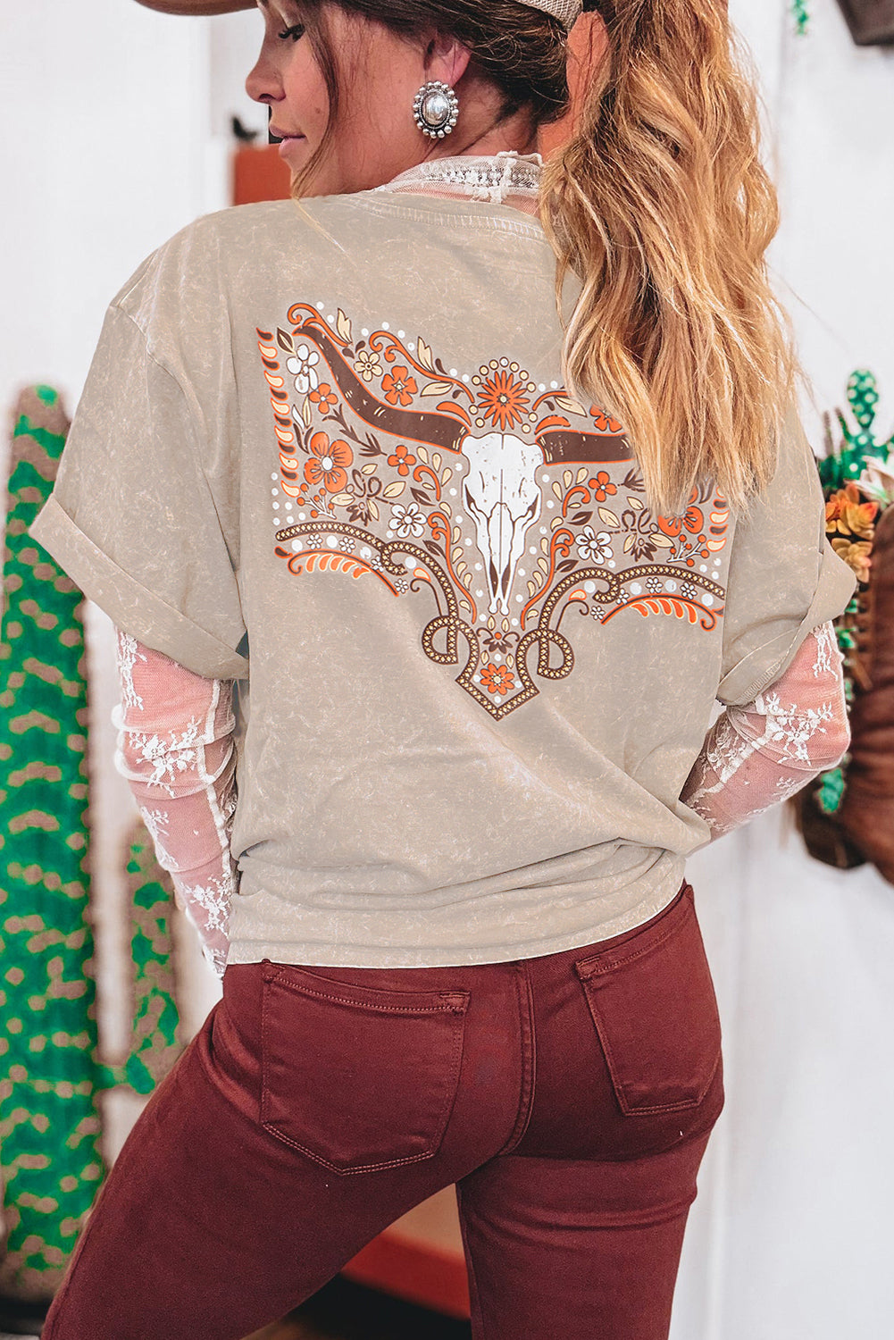 Smoke Gray Mineral Wash Floral Steer Head Printed Back Western Fashion Tee