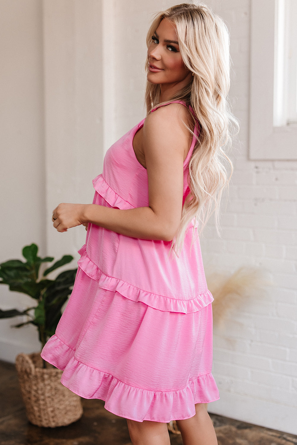 Pink Smocked Neck Knot Back Frilly Tiered Sleeveless Mini Dress