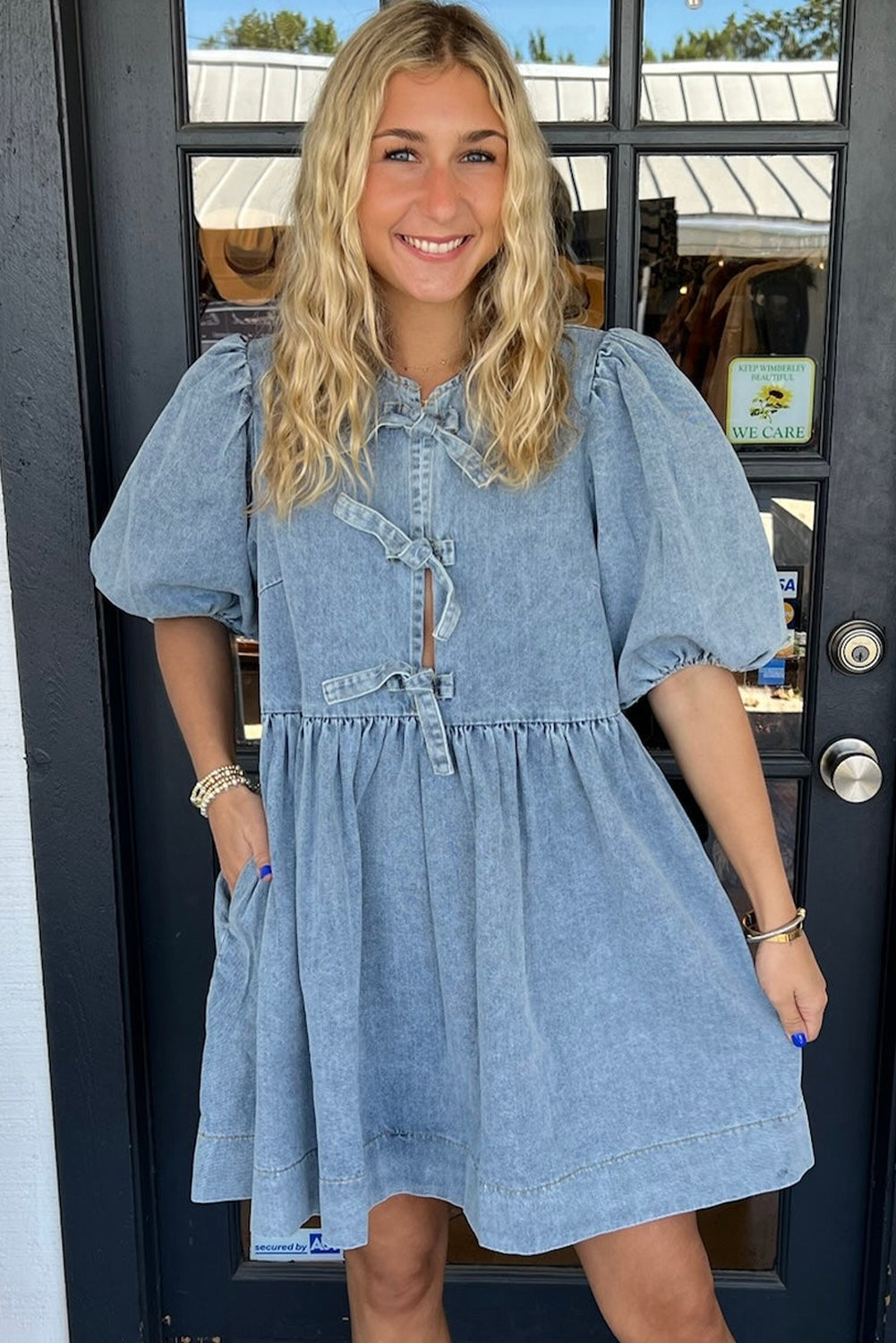 Dusk Blue Bowknot Bubble Sleeve Short Denim Dress