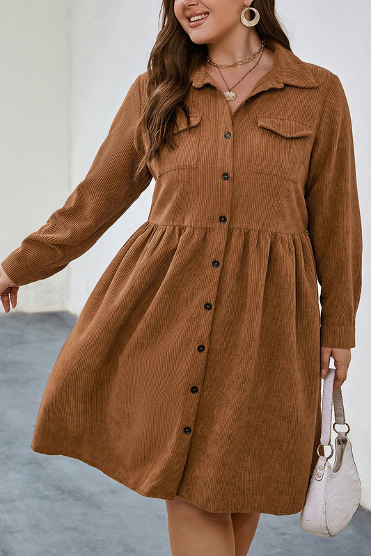 Camel Corduroy Full Buttoned Collared Shirt Style Plus Size Dress