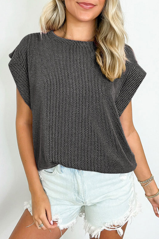 Carbon Grey Twisted Rib Wide Sleeve Crew Neck T Shirt