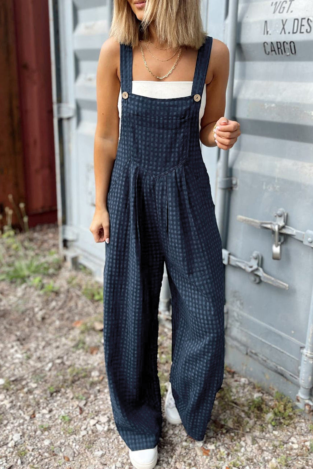 Sail Blue Plaid Print Buttoned Pocketed High Waist Overall