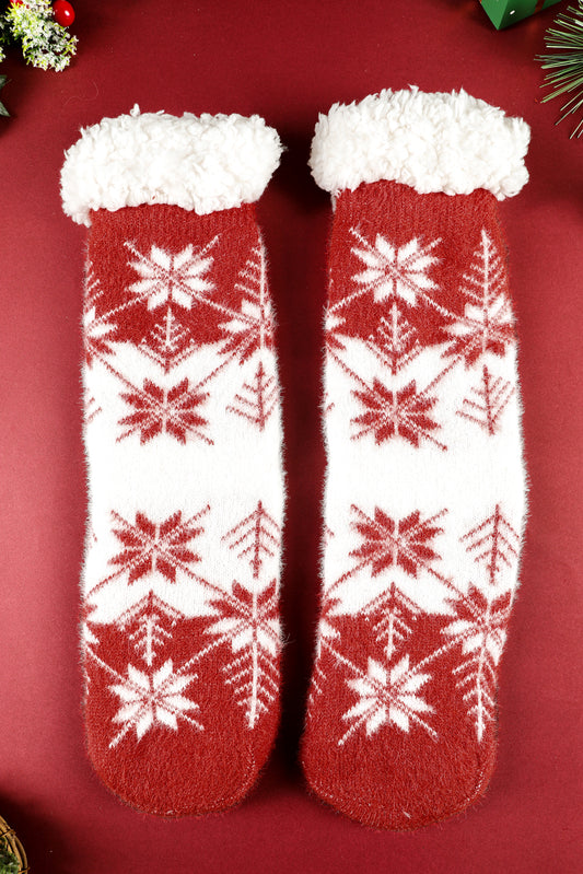Fiery Red Christmas Snowflake Cozy Sherpa Lined Cabin Socks