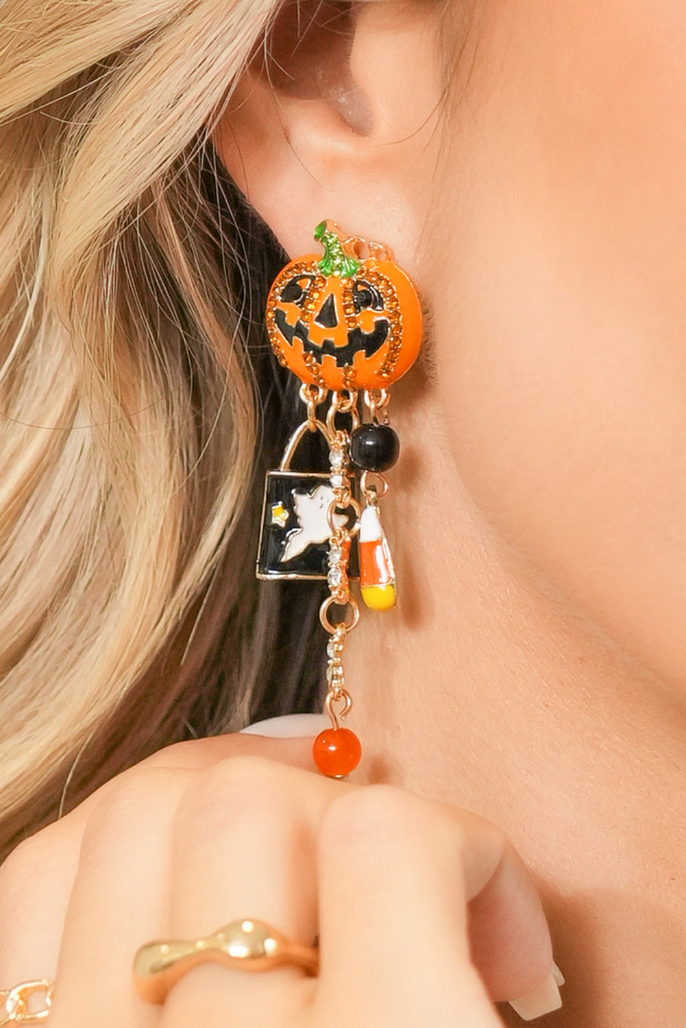Orange Halloween Rhinestone Pumpkin Ghost Tassel Earrings