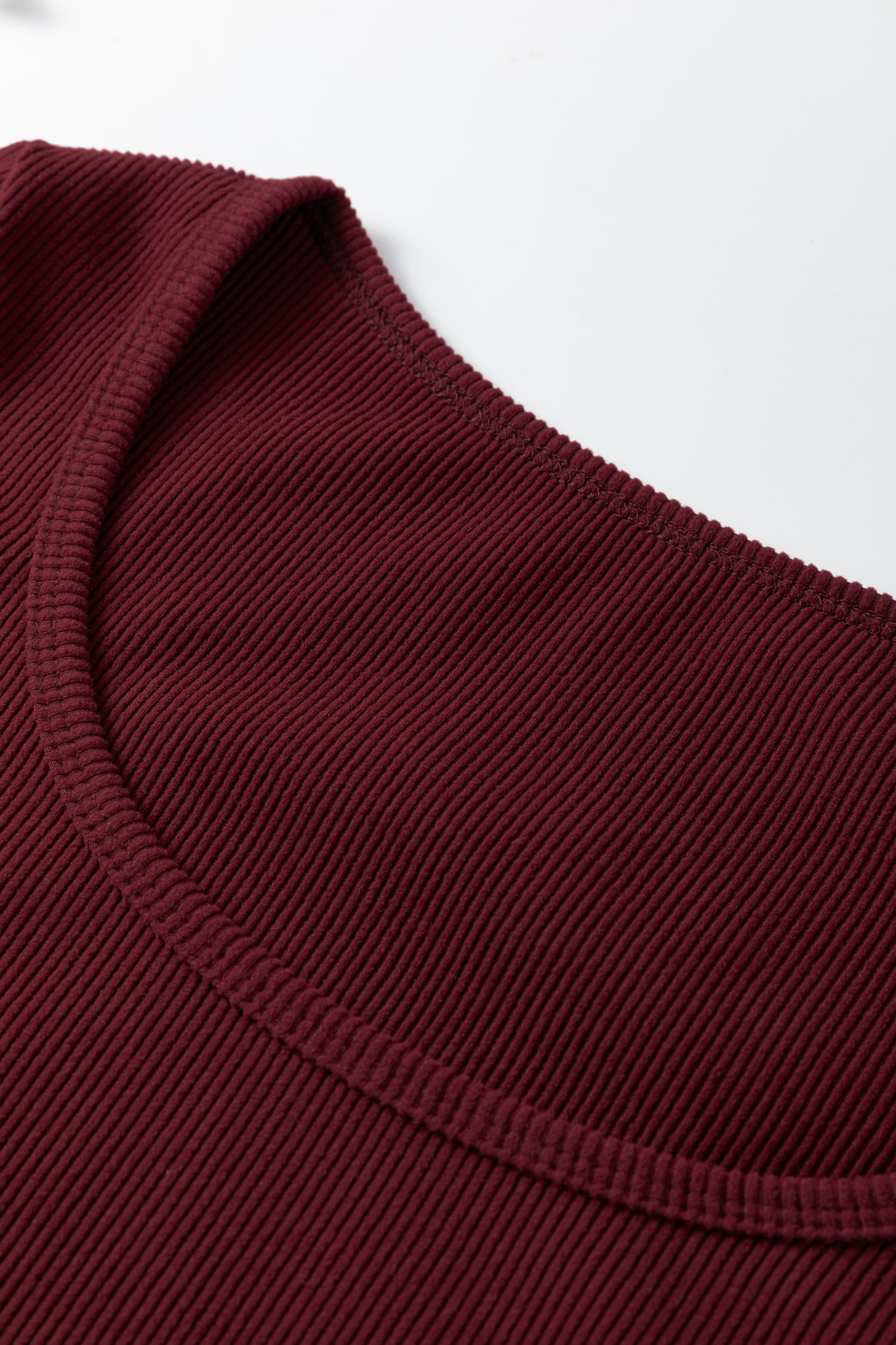 Coffee Ribbed Solid Color U Neck Cropped Long Sleeve Top