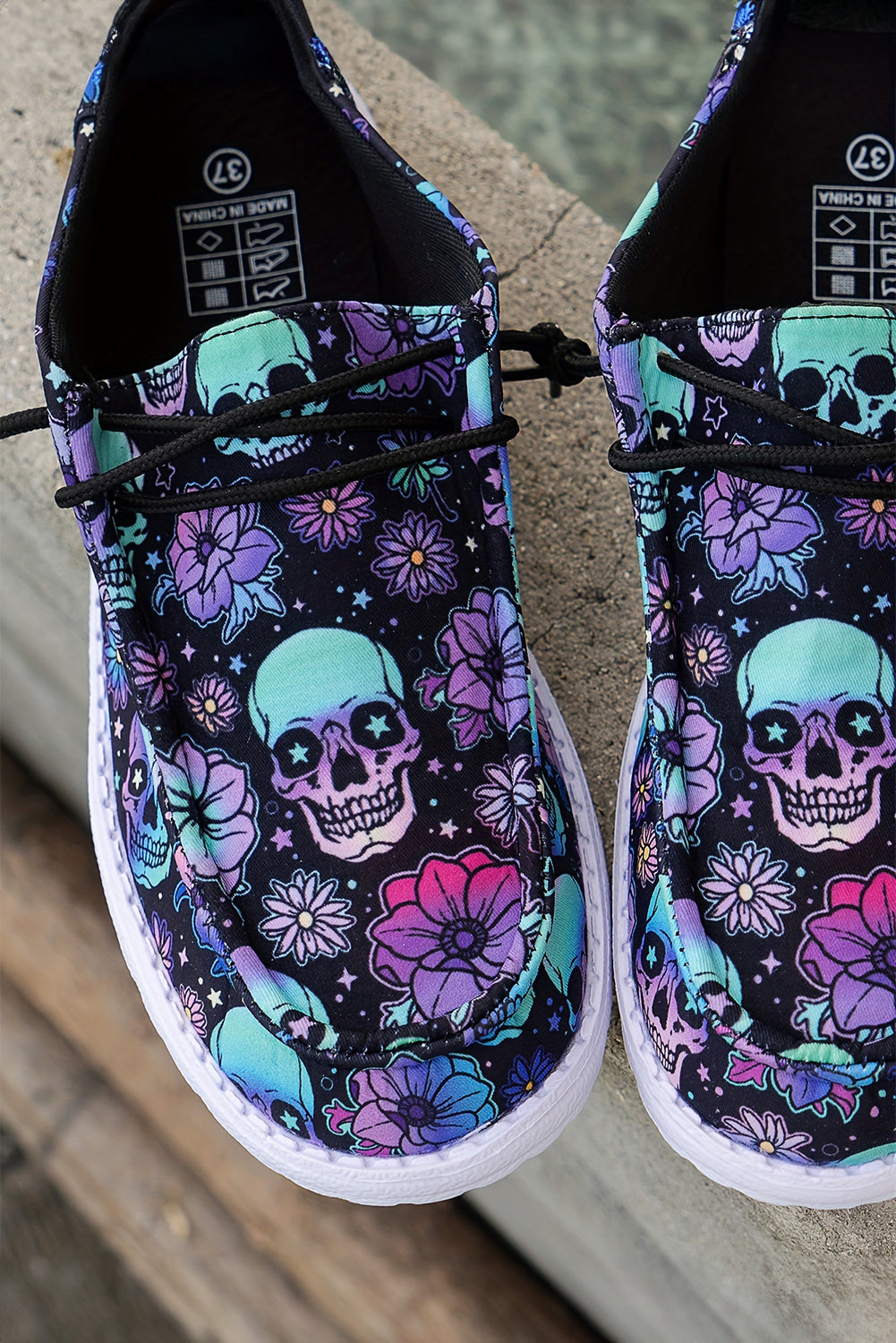 Dark Blue Sugar Skull Print Lace-up Detail Halloween Flat Shoes